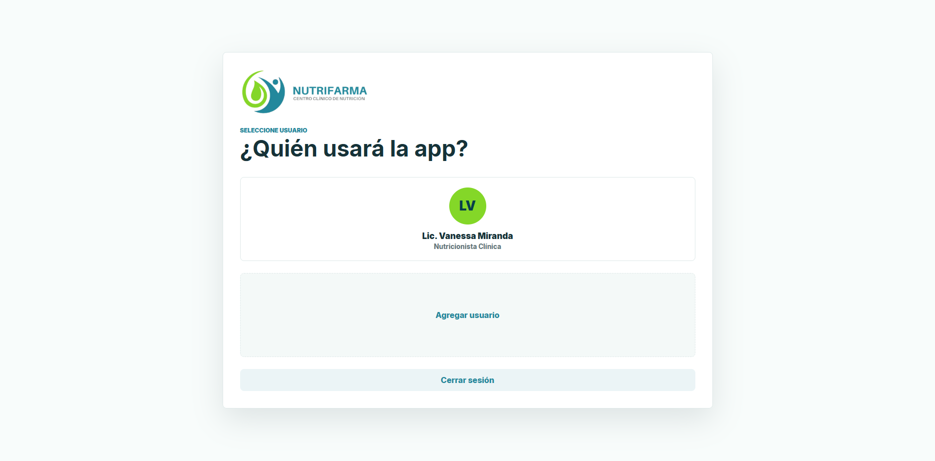 NutriFarma - Selección de usuario